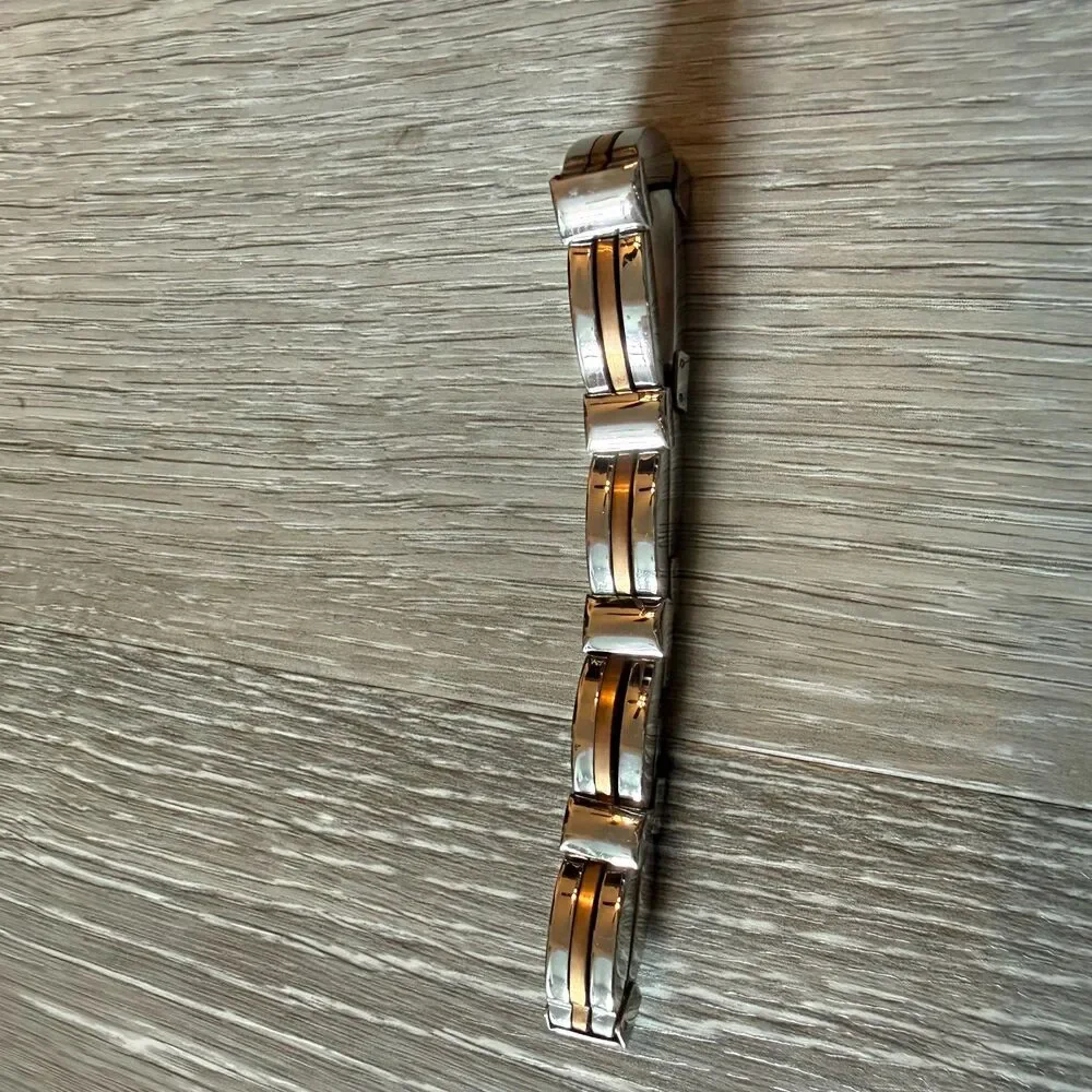 Mens Two Tone Stainless Steel Rose Gold Accent Link Bracelet Foldover Clasp